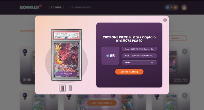 A screenshot of the BONKUJI marketplace displays a 2023 ONE PIECE Eustass Captain Kid #074 PSA 10 card listed for 65 (Bonk), with a "Cancel Listing" button shown. This relates to the post by highlighting awards won at a tournament through the BONKUJI platform.