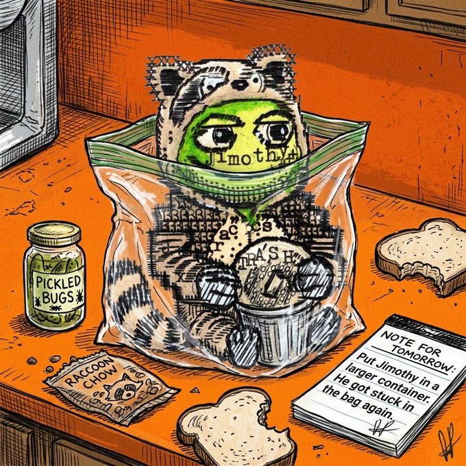 An illustration of a raccoon named 'Timothy' trapped inside a clear snack bag on a kitchen counter next to a jar of 'PICKLED BUGS', a 'RACCOON CHOW' packet, and a note reading 'NOTE FOR TOMORROW: Put Jimothy in a larger container. He got stuck in the bag again.'