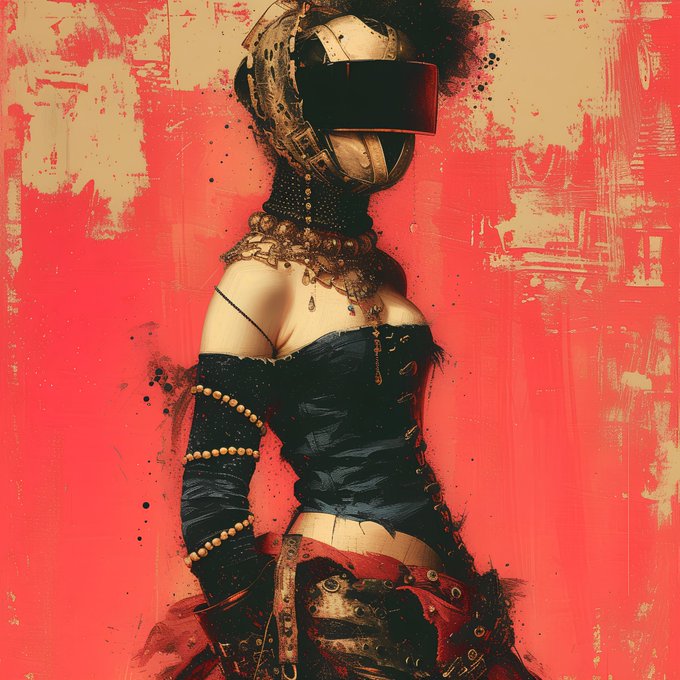 A digital painting shows a stylized figure wearing a dark corset, pearl jewelry, and a golden helmet with a black visor, set against a textured red background.