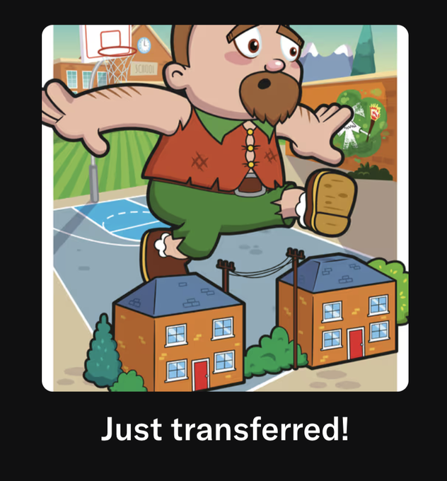 A cartoon illustration shows a bearded character in a red vest leaping over small houses with the caption 'Just transferred!'