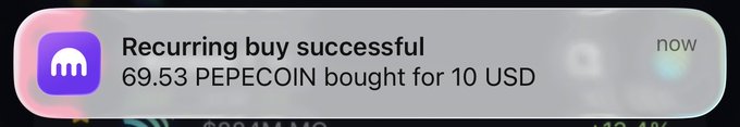 A smartphone notification displays 'Recurring buy successful' and '69.53 PEPECOIN bought for 10 USD' next to the Pepecoin logo.