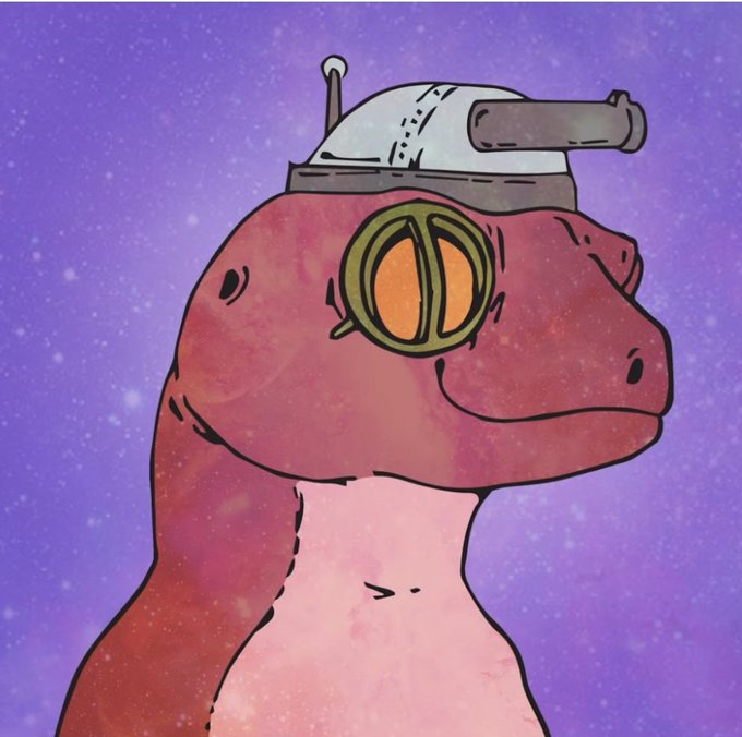 A cartoon dinosaur character with a galactic, pink-and-purple cosmic texture wears a futuristic helmet with a glowing orange visor, set against a starry purple background—fitting the "Galactic Gecko" theme referenced in the post with the ticker $GAGMI.