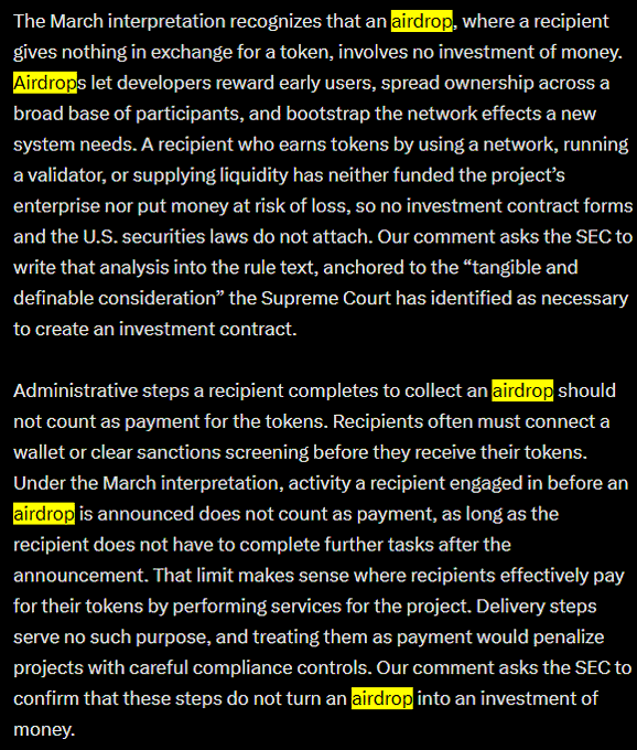 A text excerpt discussing cryptocurrency airdrops and SEC regulatory interpretation, with the word 'airdrop' highlighted in yellow throughout the passage.