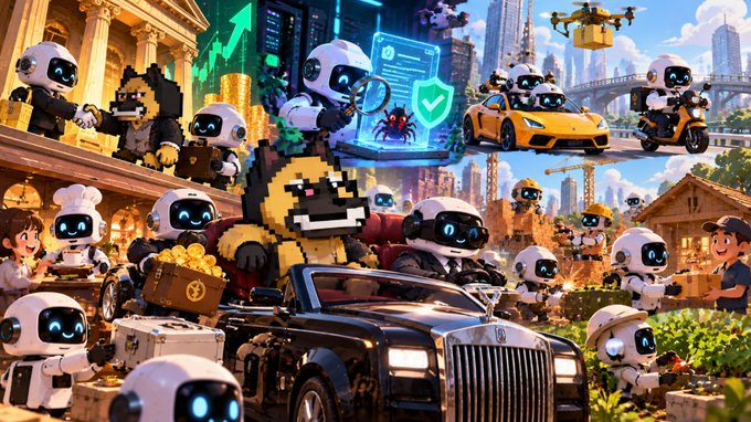 A vibrant AI-generated image depicts numerous small, cute robots wearing hard hats engaging in various activities like driving a black luxury car, riding a yellow sports car, and working at a stock exchange.