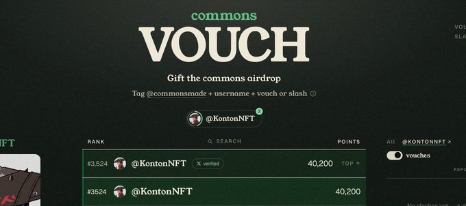 Screenshot of a webpage titled 'commons VOUCH' promoting 'Gift the commons airdrop' by tagging @commonsmade with @username, showing a leaderboard with @KontonNFT ranked #3,524 with 40,200 points.
