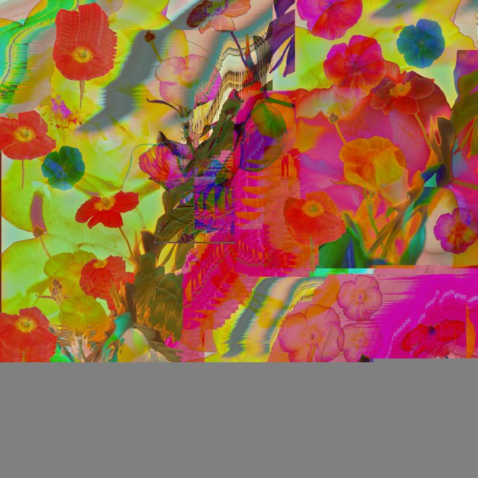 A colorful digital artwork or collage composed of multiple panels showing various vibrant flowers in shades of red, pink, orange, and yellow.