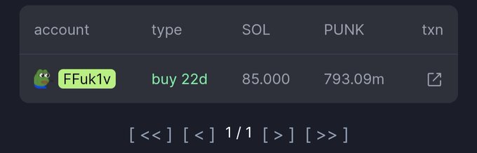 A cryptocurrency transaction record showing account 'FFuk1v' with a 'buy 22d' transaction for 85.000 SOL at a price of 793.09m PUNK.