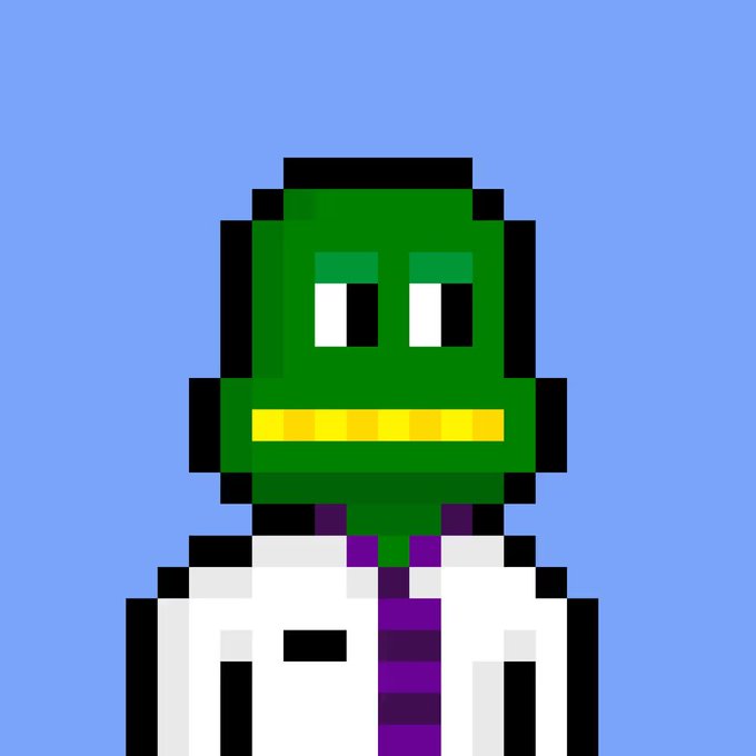 A pixel art image of a green frog-like character wearing a white lab coat and purple tie against a blue background.