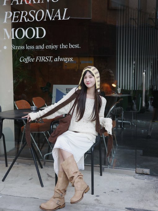 A young woman sitting on a chair outside a coffee shop, wearing a white sweater, white skirt, brown scarf, and tan boots, with text reading 'EFFECTIVE PERSONAL MOOD - Stress less and enjoy the best. Coffee FIRST, always.'