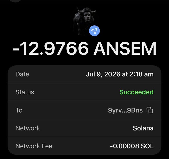 A transaction confirmation showing a successful transfer of -12.9766 ANSEM tokens on the Solana network on July 9, 2026, with a network fee of -0.00008 SOL, supporting the post's claim of sending out more $ANSEM and requesting SOL wallet submissions.