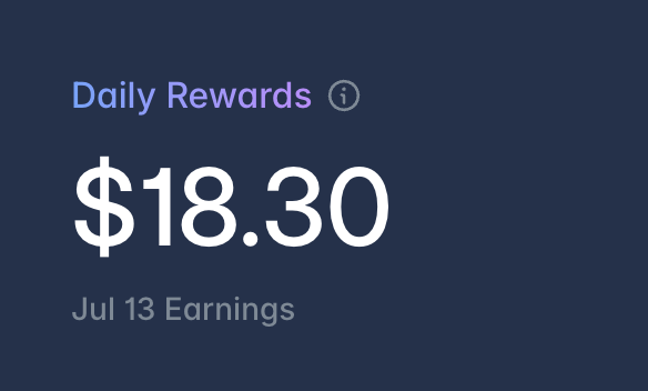 A dark blue screen displaying 'Daily Rewards' with 'i' info icon, showing '$18.30' and 'Jul 13 Earnings' below it.