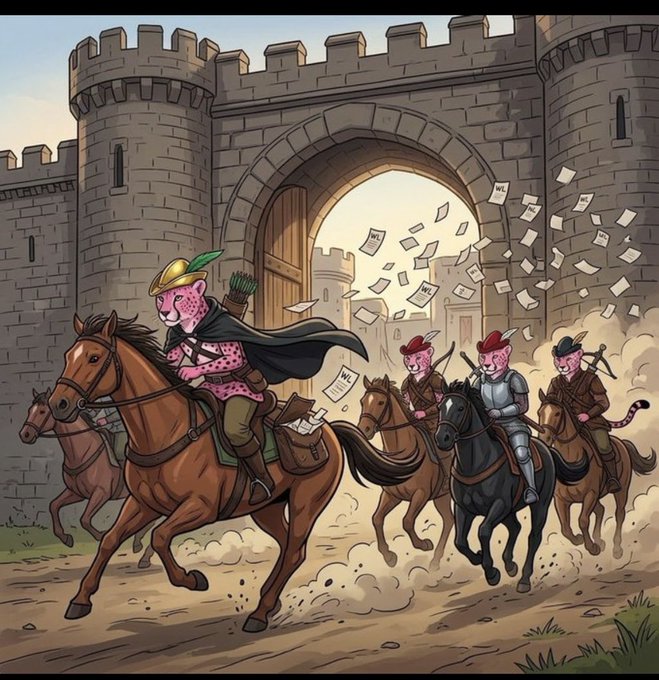 Cartoon illustration of anthropomorphic cheetah warriors riding horses through a castle gate, with papers flying through the air.