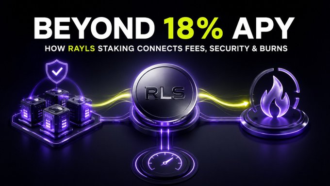 A promotional graphic for 'RAYLS' cryptocurrency staking featuring the headline 'BEYOND 18% APY' and the tagline 'HOW RAYLS STAKING CONNECTS FEES, SECURITY & BURNS,' alongside 3D icons of servers, a speedometer, and a token.