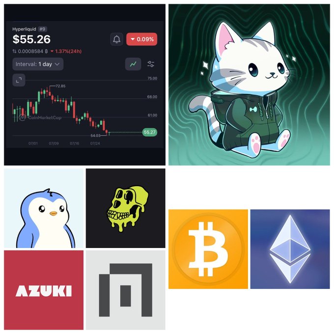 A collage includes a Hyperliquid (HYPE) price chart showing $55.26, alongside cartoon mascots and logos for Bitcoin, Ethereum, Azuki, Pudgy Penguins, and a melting yellow skull.