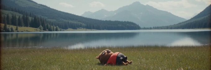 A small figure wearing a red shirt lies face-down in a grassy field beside a serene alpine lake, with mountains rising in the background—visually echoing the post's "shorted" theme by depicting someone collapsed or defeated in an open, isolated landscape.