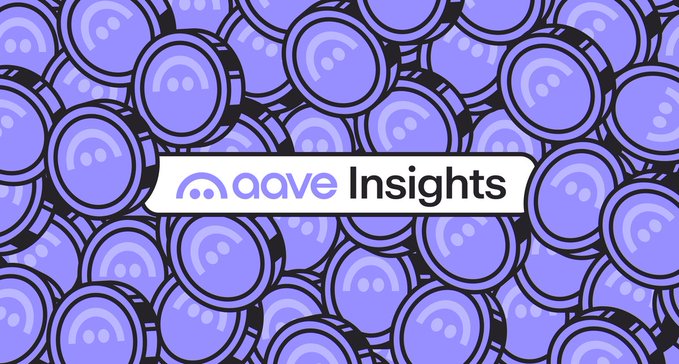 The image features a purple background filled with overlapping Aave logo coins, with a white banner in the center reading "aave Insights." This visually represents the launch of Aave Insights, a dedicated hub for AAVE token information, protocol data, and updates for token holders and analysts.
