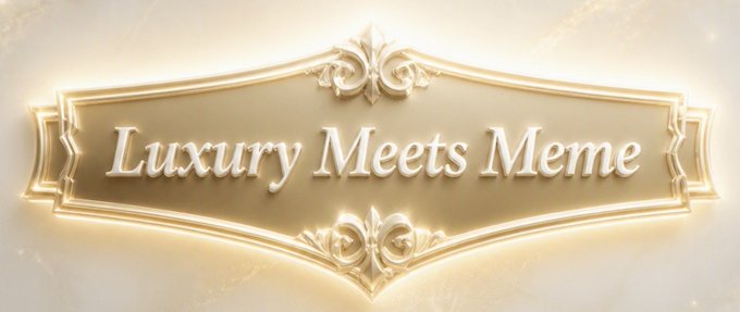 An ornate golden plaque with elegant flourishes displays the text "Luxury Meets Meme," embodying the post's theme of blending high-end aesthetics with meme culture for the $GLOXI token featuring GlossiCat on Solana during meme season.