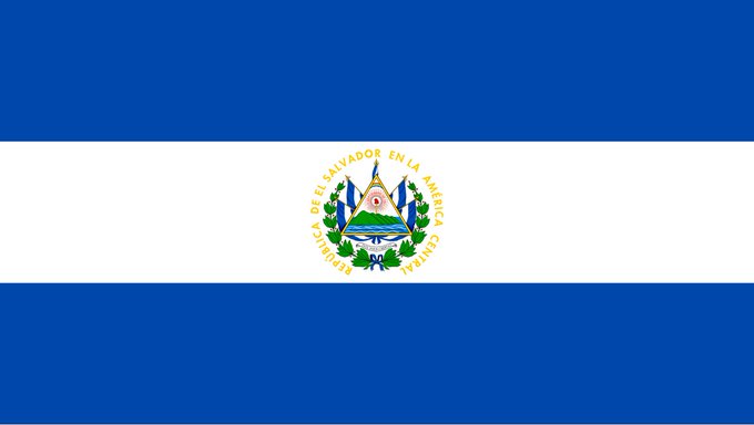 The national flag of El Salvador, with two horizontal blue stripes surrounding a white center stripe and the national coat of arms.
