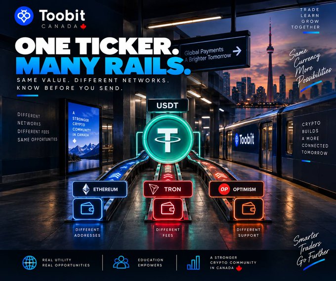 A promotional graphic for 'Toobit Canada' titled 'ONE TICKER. MANY RAILS.' highlighting USDT transfers across different networks like Ethereum, Tron, and Optimism.