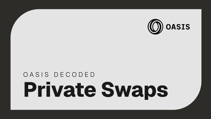 A minimalist black and white graphic with the OASIS logo in the upper right and text reading 'OASIS DECODED' above a bold heading 'Private Swaps' on a curved white background.
