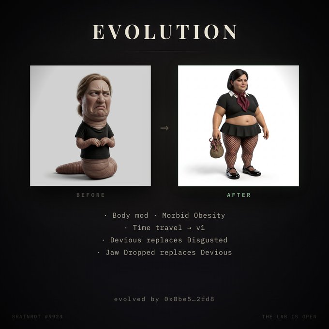 A 'BRAINROT #9923' graphic titled 'EVOLUTION' showing a 'BEFORE' image of a worm-like creature and an 'AFTER' image of a plus-size woman, with bullet points noting 'Body mod - Morbid Obesity' and other changes.