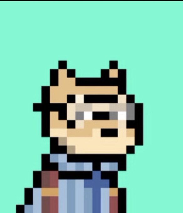 A pixel art character with a VR headset-like visor and cat ears, wearing a blue vest with brown shoulder pads, set against a teal background.