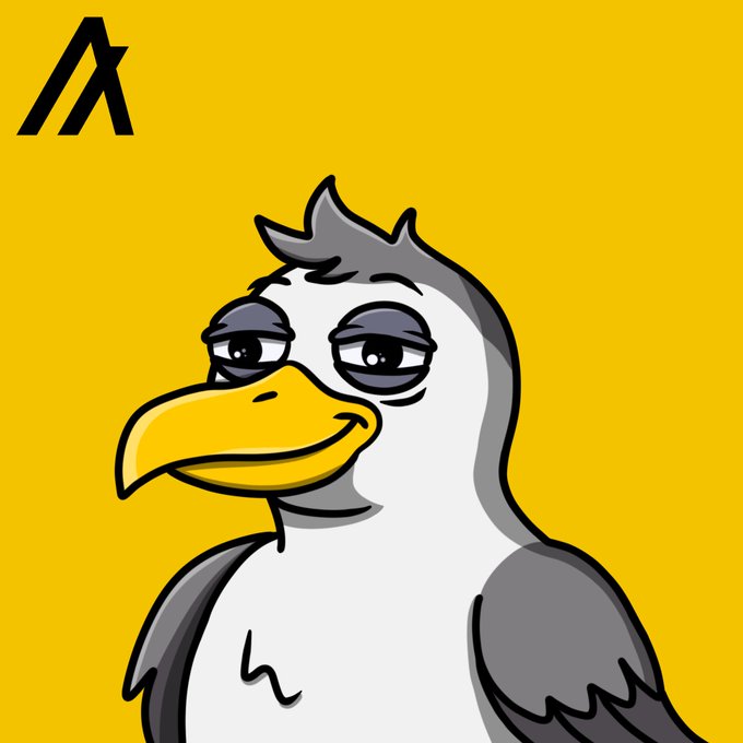 A cartoon illustration of a seagull with droopy eyes against a solid yellow background, with a stylized 'A' logo in the top left corner.