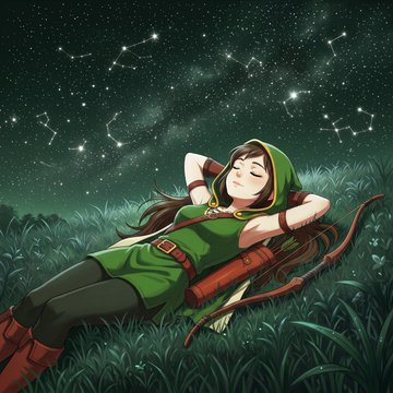 The image depicts a fantasy archer character resembling Link from the Legend of Zelda, resting peacefully in grass beneath a green starry sky with visible constellations, alongside a bow and quiver. It relates to the post by fitting the "leading" theme, as the character appears relaxed and at ease in the night setting.