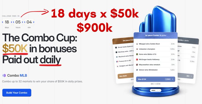 A promotional graphic for a sports betting app showing '18 days x $50k $900k', 'The Combo Cup: $50K in bonuses Paid out daily', and a blue trophy with example bet slips.