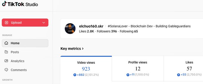 A TikTok Studio dashboard showing key metrics for user @elchuo160.skr, with 2.8K likes, 396 followers, and notable increases in video views (+882), profile views (+11), and likes (+55).