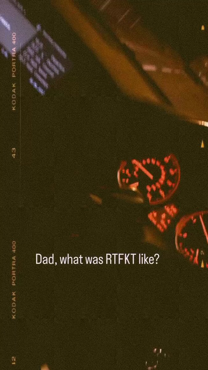 The image shows a close-up of a car's speedometer, which has two red dials with white numbers indicating the vehicle's speed. The caption below the image reads "Dad, what was RTFKT like?" This suggests that someone is contemplating the meaning behind the image and its connection to the post about RTFKT.