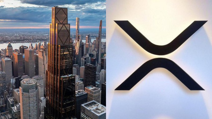 A skyline view of New York City featuring a prominent skyscraper paired with the XRP logo, symbolizing the surge of XRP Ledger transactions during the London-New York banking overlap as Wall Street increasingly embraces the cryptocurrency.