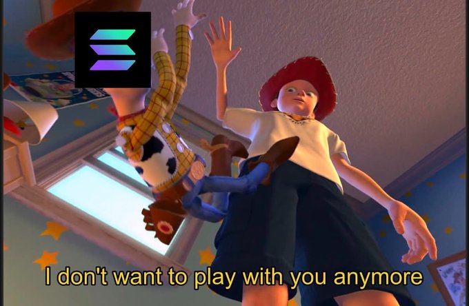A scene from Toy Story showing Woody being held by Sid, with the caption 'I don't want to play with you anymore' and a Solana logo in the corner.