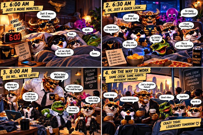 A four-panel comic depicts anthropomorphic animals waking up at 6:00 AM, getting ready, arriving late at 8:00 AM, and commuting to work together.