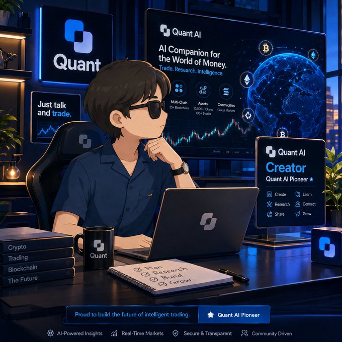 An illustrated promotional image for 'Quant AI', depicting a character in sunglasses at a trading desk with multiple monitors displaying AI Companion features and cryptocurrency data, labeled 'Quant AI Creator' and 'Quant AI Pioneer'.