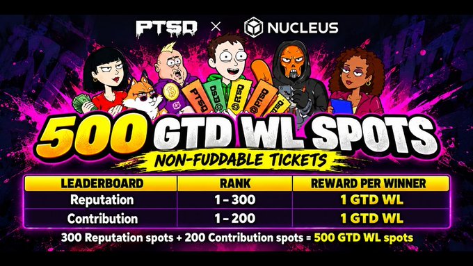 A promotional graphic for PTSR x NUCLEUS offering 500 GTD WL spots non-fuddable tickets, with rewards for top 300 reputation and top 200 contribution leaderboards.
