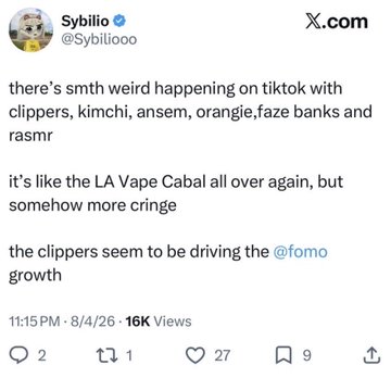 A tweet from @Sybiloooo on X.com discussing weird things happening on TikTok involving clippers, kimchi, ansem, orangie, faze banks, and rasmr, comparing it to "the LA Vape Cabal."