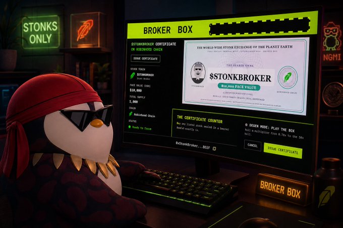 A penguin character wearing a red bandana and sunglasses sits at a computer displaying a 'BROKER BOX' interface for a '$TONKBROKER' stock certificate, with neon 'STONKS ONLY' and 'NGMI' signs visible in the background.