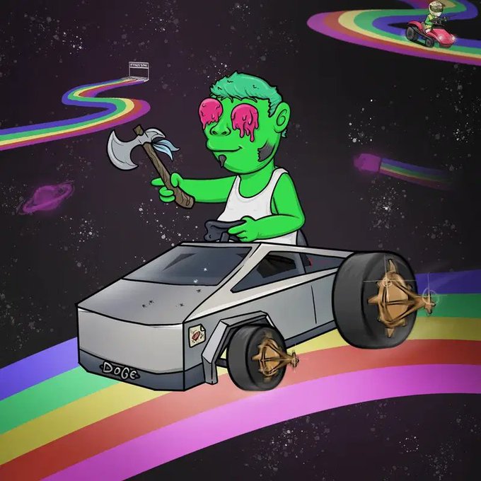 A cartoon illustration of a green-skinned character with pink dripping eyes, wearing a white tank top and holding an axe, driving a Tesla Cybertruck labeled 'Doge' with Bitcoin wheels through a cosmic rainbow road in space.