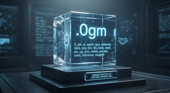 A digital 3D rendering of a glass cube displaying the text '.0gm' along with a list of words including 'ai, agent, gpu, compute, data, pay, bot, lilm, bank, vault, send, inference, AIagent', with a base labeled 'GENESIS AUCTION: 20 LIFETIME OWNERS ONLY.'