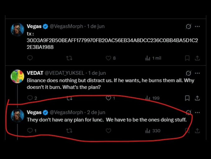 A screenshot of X (Twitter) shows tweets from verified user 'Vegas' (@VegasMorph), with the bottom tweet circled in red reading, 'They don't have any plan for lunc. We have to be the ones doing stuff.'