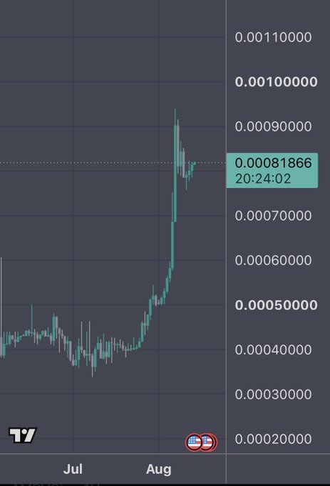 A cryptocurrency price chart showing a significant upward trend, with the price climbing from around 0.0004 to a peak near 0.0009, currently at 0.00081866 at 20:24:02 during July to August.