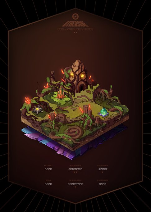 An isometric fantasy game tile labeled "UNUSUAL 006 - RANDOM ATMOS" showing a rocky terrain with a skull-like mountain, glowing crystals, and twisted trees, with stat lines including PETRIFIED, LUSTER, and DONBSTONE.