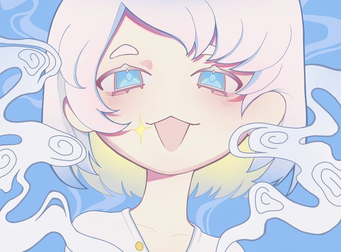 A chibi-style anime character with white hair, big sparkling blue eyes, and a cheerful open-mouthed smile is surrounded by stylized blue clouds against a sky background, perfectly matching the upbeat "GM" (good morning) vibe of the NFT community greeting.