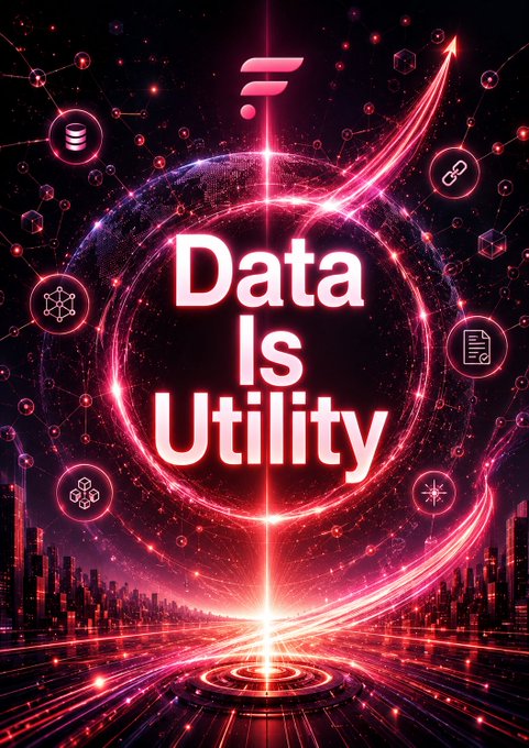 A vibrant red and black futuristic digital graphic displaying the text 'Data Is Utility' inside a glowing sphere surrounded by tech icons and an upward arrow.