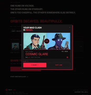 A web interface titled "YOUR MAD CLASH IS READY" displays a matchup between "BAS / VE" and "WOL / CLAW," promoting a competitive game or community feature for Mad Labs collectors. A "COSMIC CLARE" character card shows a "1 ENTRY" cost and "COPY LINK" option, hinting at the upcoming reveal teased by the builder.