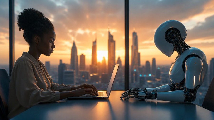 Digital artwork showing a young Black woman working on a laptop across a desk from a sleek white humanoid robot, with a sunset-lit city skyline visible through large windows behind them.