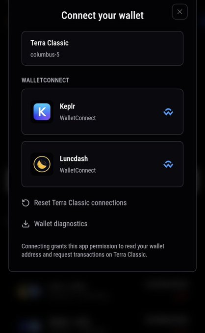 A dark-themed digital wallet connection interface titled 'Connect your wallet' for Terra Classic (columbus-5), showing WalletConnect options for Keplr and Luncdash.