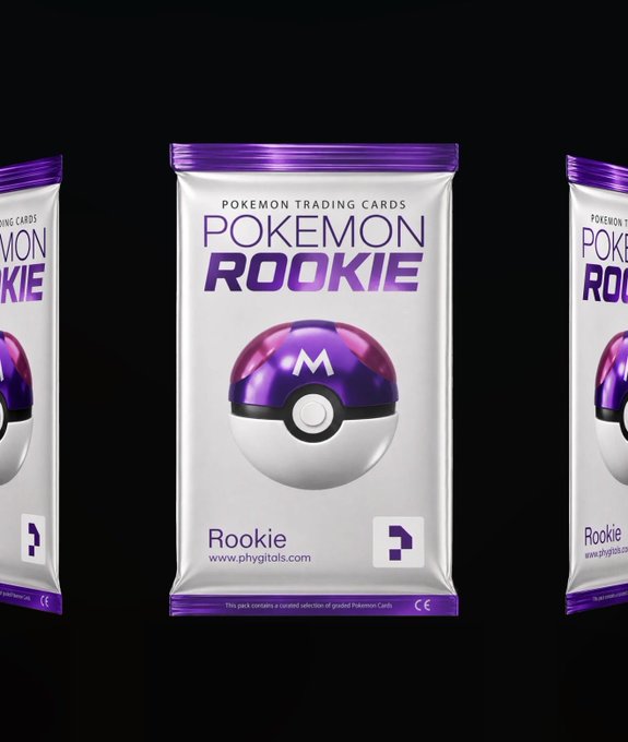 A promotional product image displays a purple and white foil pack of 'POKEMON ROOKIE' trading cards, featuring a Master Ball design and a purple question mark icon, with the website 'www.phygiotis.com' printed on the front.