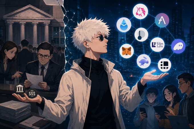 An anime-style illustration of a white-haired man with sunglasses holding crypto and NFT logos, standing against a backdrop of a courtroom and city.